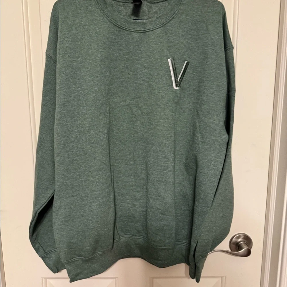Unisex Size Green Sweater with V Logo Embroidered on left upper chest Sz Large